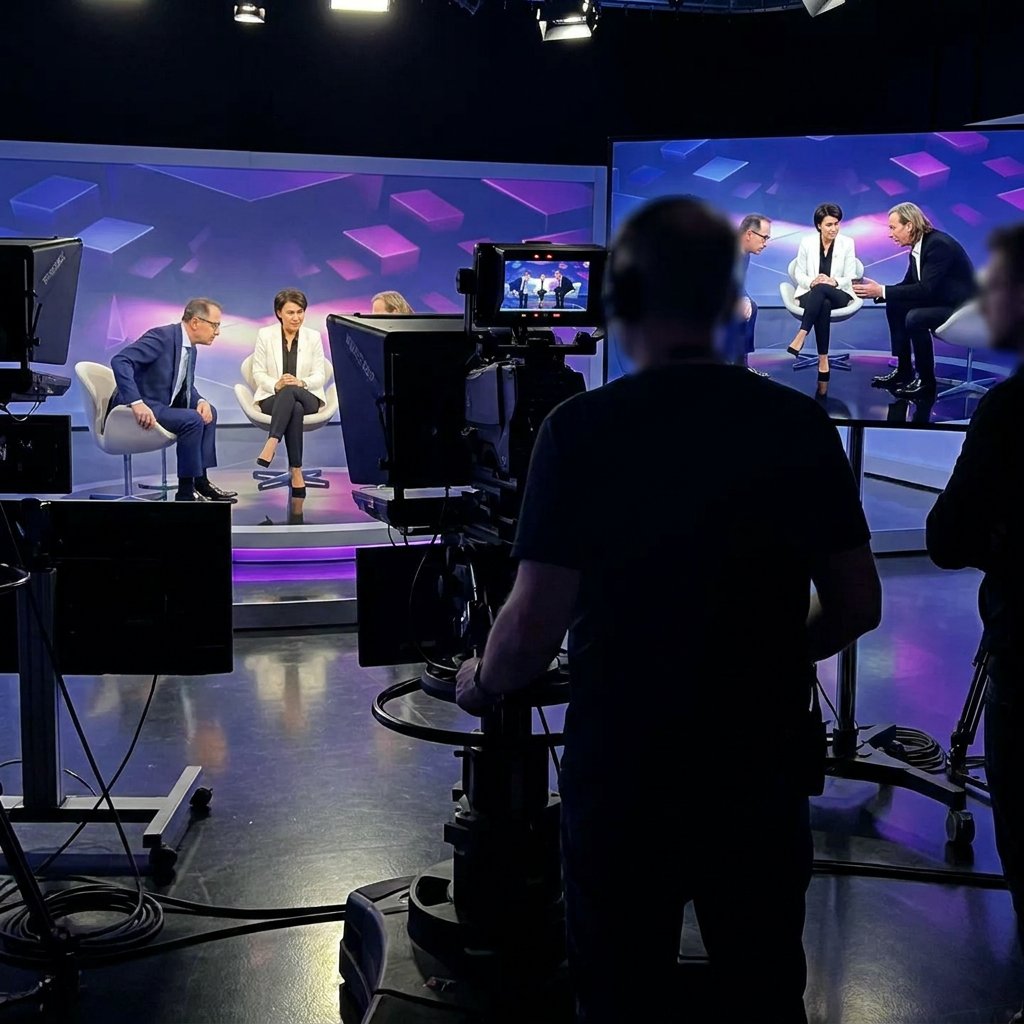 Mehrkamera-Aufbau im Studio mit Operator und Talk-Set im Hintergrund